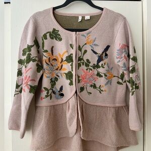 Unique sequin and embroidered peplum sweater from Moth, light pink, hook clasps.